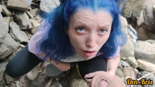 Cute Schoolgirl with Blue Hair gives blow job and Sex to get Cum on Face